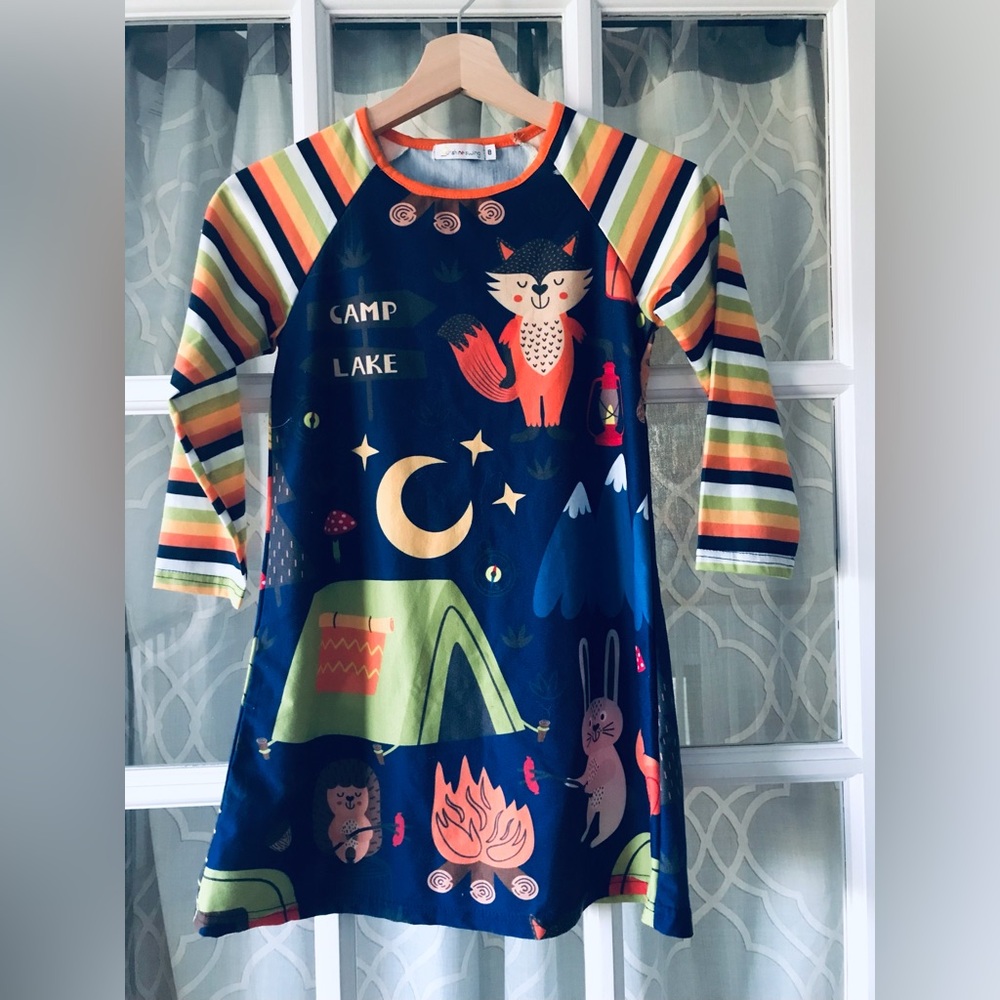 Sunshine Swing dress fall camping theme dress with bunnies, foxes, hedgehog